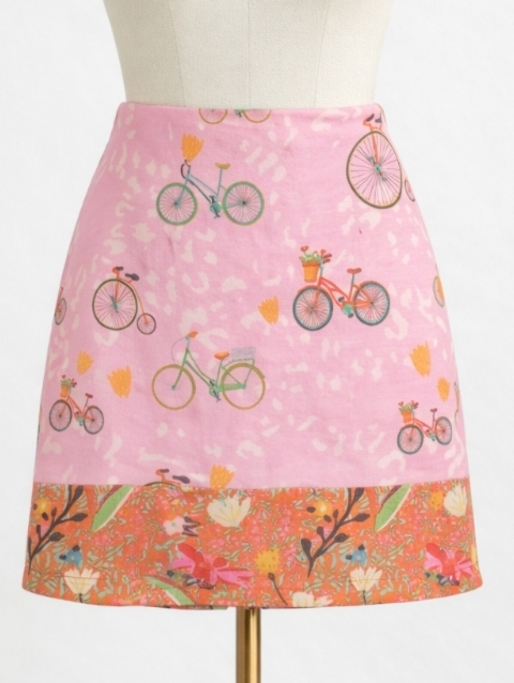 BENARES Pink Orange Bicycle Print Mini Skirt • Size Small - Picture 1 of 10